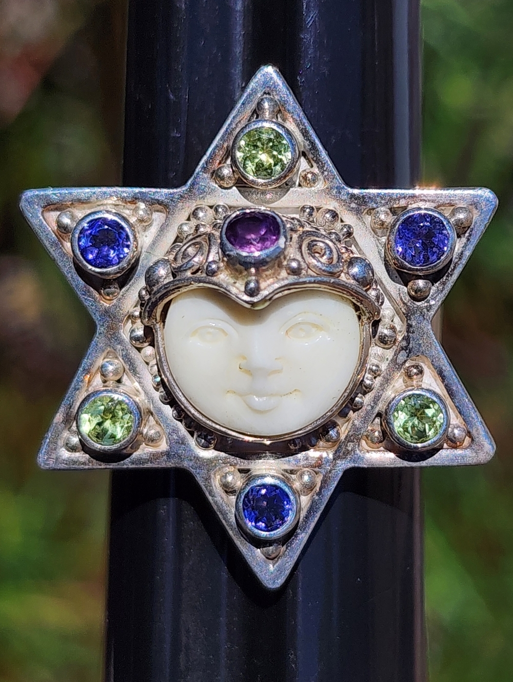 Sajen Sterling Silver Star Face Ring with Purple and Green Gemstones Sz 10